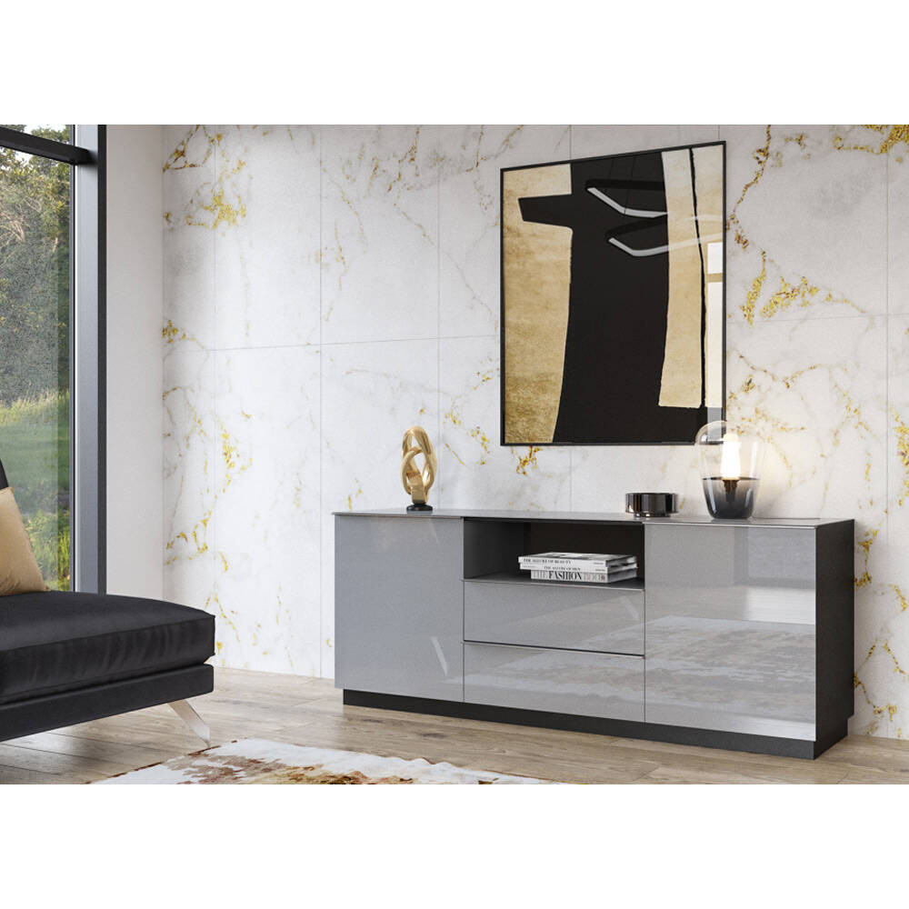 Sideboard Grau Wohnzimmer Hoover-83 Modern Mit Glasfronten Und Schwarz intended for Wohnzimmer Sideboard Modern