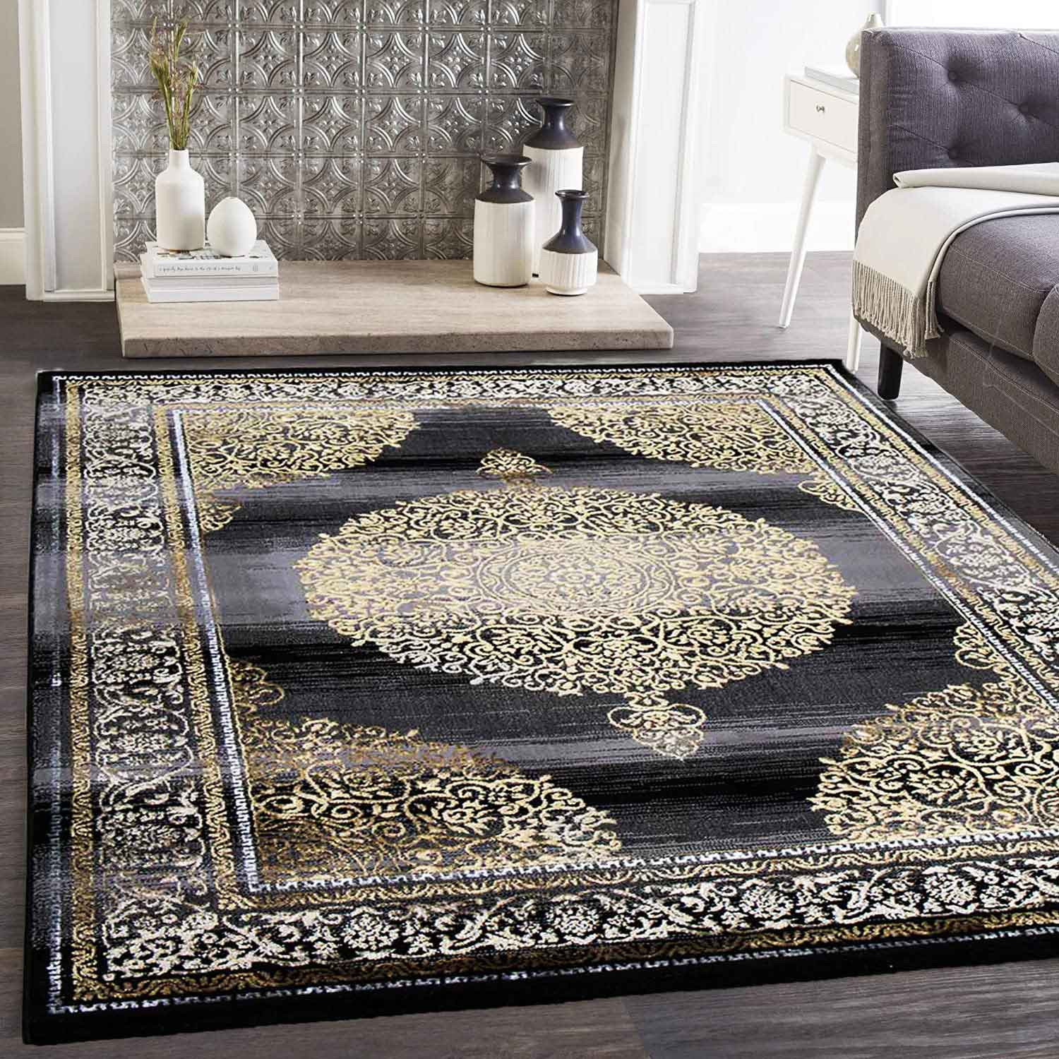 Teppich Kurzflor Moderner Orientteppich Elegant Orientalisch Glanz Grau  Gold Schwarz, Für Wohnzimmer, Schlafzimmer Efillux2349_Gold_2-2 | Vimoda for Teppich Wohnzimmer 200X300