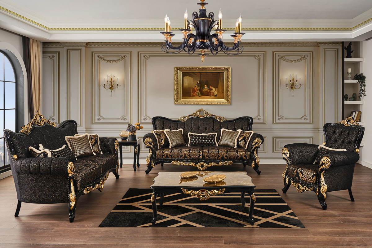 Casa Padrino Luxury Baroque Living Room Set Brown / Black / Gold - 2 Sofas  &amp; 2 Armchairs &amp; 1 Coffee Table &amp; 2 Side Tables - Living Room Furniture In throughout Wohnzimmer Schwarz Gold